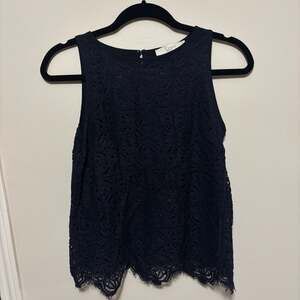 LOFT Navy Blue Floral Lace Overlay Sleeveless Shell Top